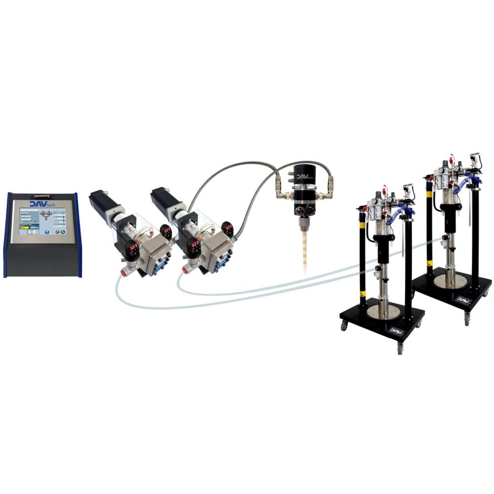 Volumetric proportioning and mixing system for Bi-Component Adhesives